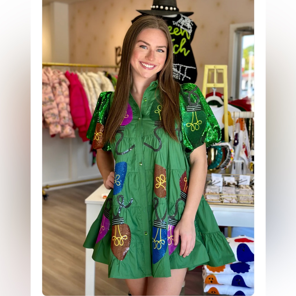 Queen Of Sparkles Green Christmas Lights Sequin Poof Sleeve Dress